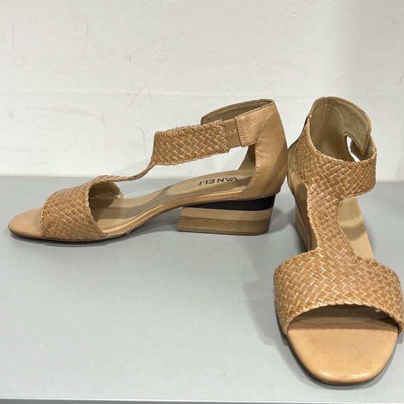 {VAN ELi} Sz 9N Beautiful 1 3/4” Stacked Wood Heel w/Camel Weave Tstrap Shoe - Picture 8 of 11